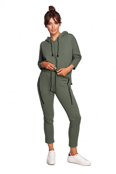 Dámské 8JK Úzké pletené kalhoty s ozdobnými zipy - khaki barva BE