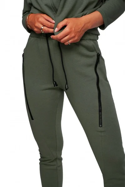 Dámské 8JK Úzké pletené kalhoty s ozdobnými zipy - khaki barva BE