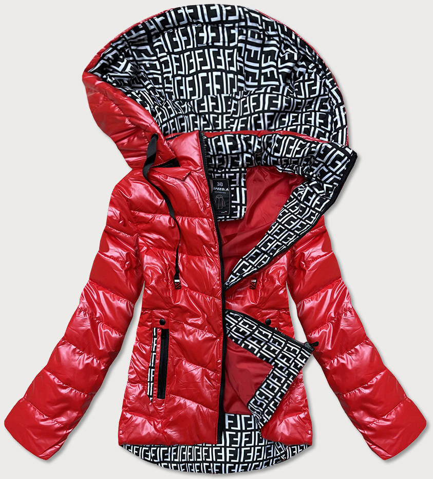 Dámská lesklá červená bunda se vzorovanými vsadkami T129B0 SPEED.A, odcienie czerwieni XL (42) i392_18347-53