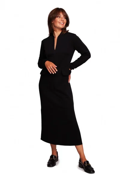 Dámské 4457 Maxi šaty s ozdobnými klopami vpředu - černé BE