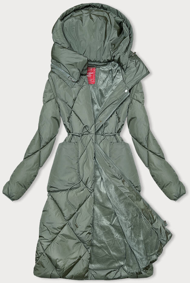 Zimní bunda s kapucí a kožešinovou podšívku v khaki barvě, odcienie zieleni XS (34) i392_22596-2
