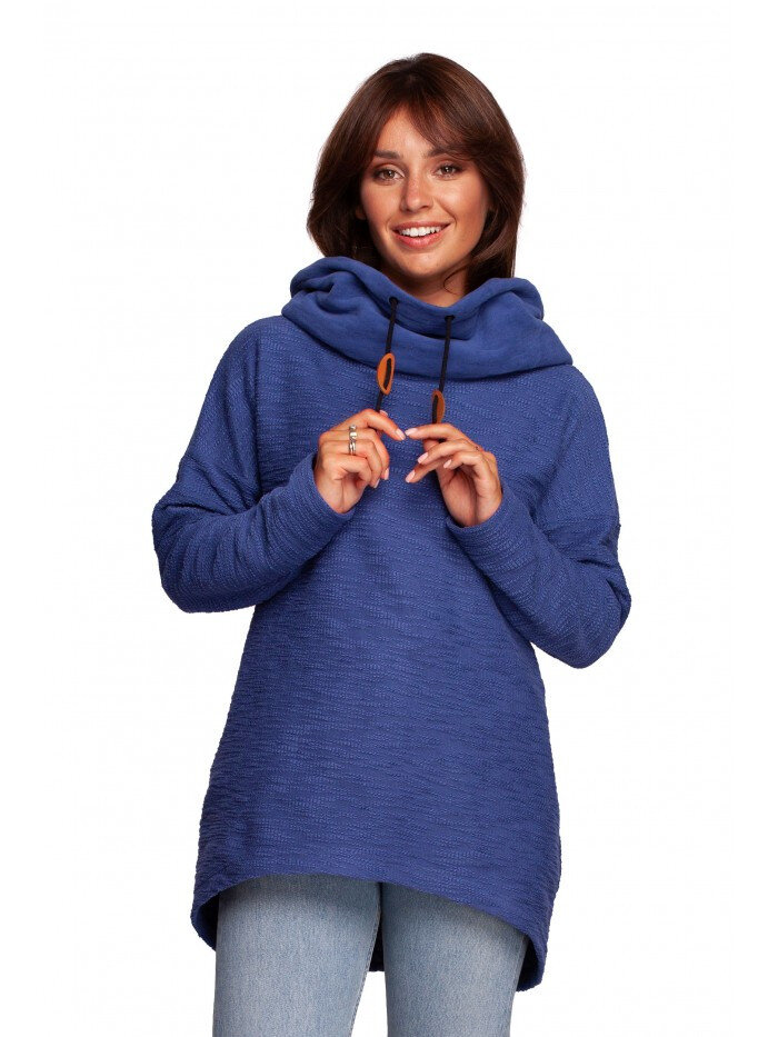 Indigový hřejivý svetr s kapucí a vysokým límcem od BE, EU L i529_18073806505550856