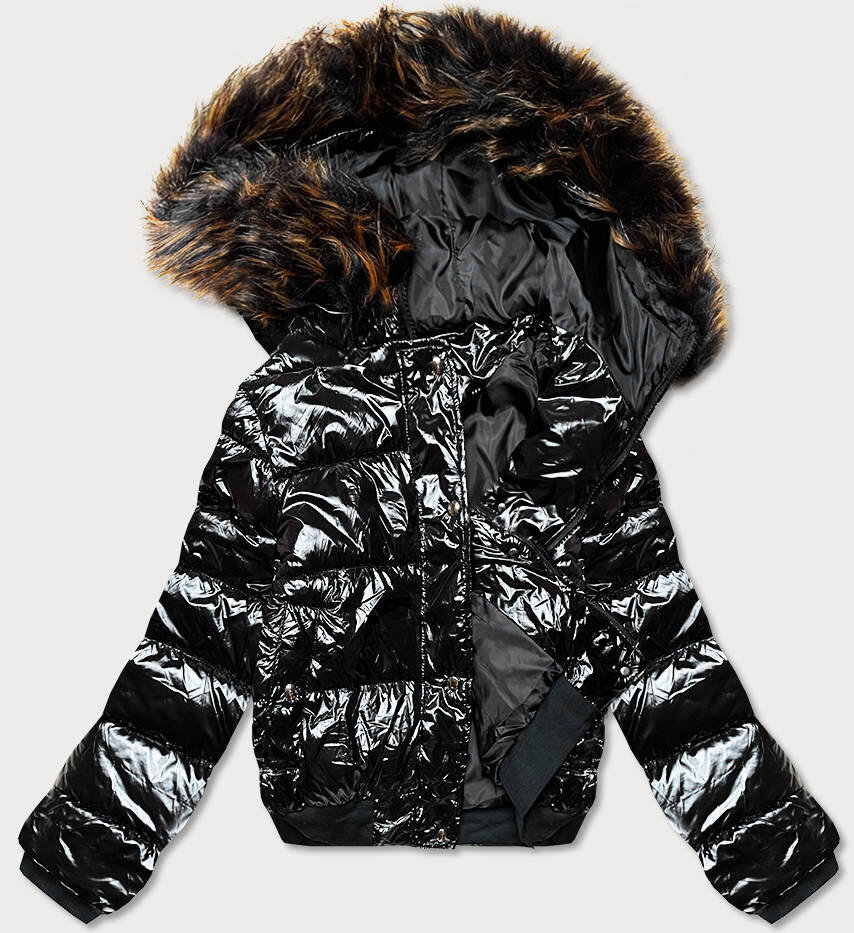 Černá lesklá bunda pro ženy s kapucí PK6 MEZZO, odcienie czerni XL (42) i392_18762-53