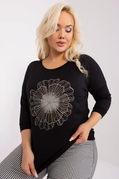 Černá plus size dámská halenka s kamínkovou aplikací - Elegantní černá