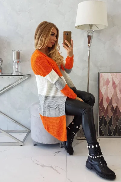 Dámský dlouhý pruhovaný svetr K-Fashion oranžová/ecru