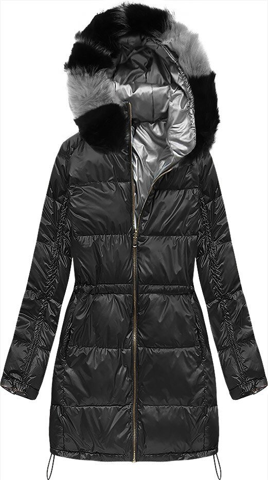 Zimní černá bunda s kožešinou - Dvojstranná elegance z Itálie, odcienie czerni XL (42) i392_14724-53