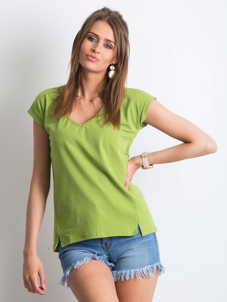 Dámské zelené bavlněné tričko s výstřihem do V FPrice, L i523_2016102132752