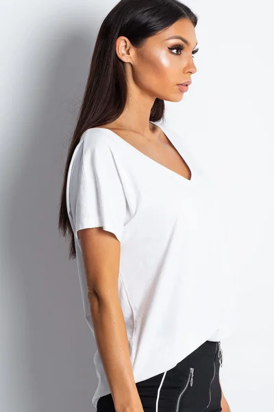 Dámské bílé bavlněné tričko s výstřihem do V FPrice