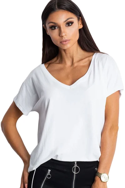 Dámské bílé bavlněné tričko s výstřihem do V FPrice