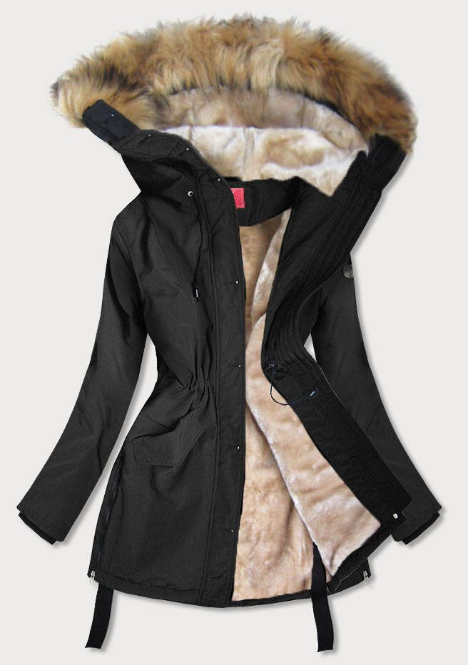 Kožíškem zateplená černá bunda s vysokým stojáčkem pro ženy, odcienie czerni XXL (44) i392_15984-48