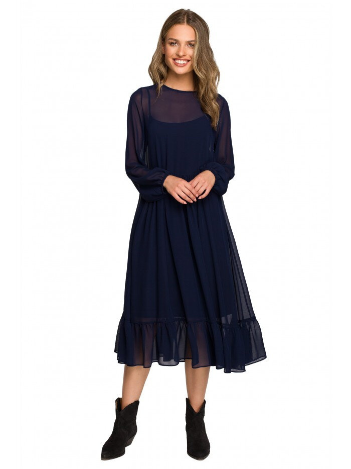 Dámské 6VH Šifonové šaty s volánem - tmavě modré Style, EU L i529_6094071303374997916