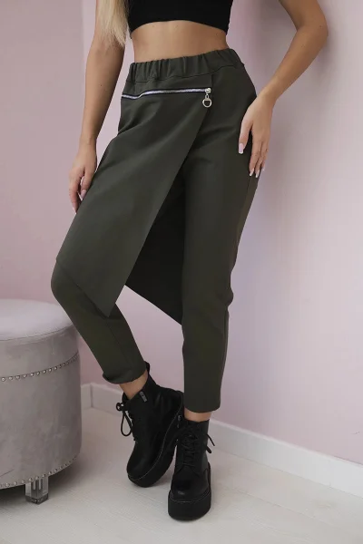 Dámské zimní kalhoty khaki s ozdobným zipem K-Fashion