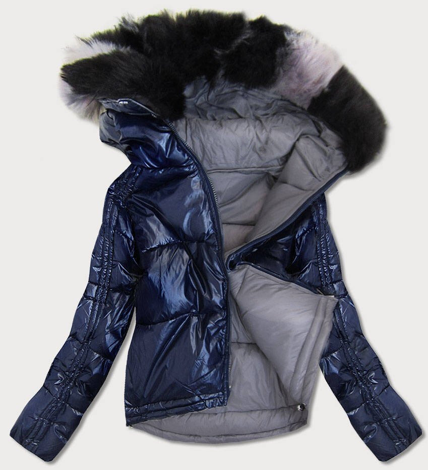 Šedá péřová bunda s kapucí a kožešinou pro ženy, odcienie szarości XXL (44) i392_16036-48
