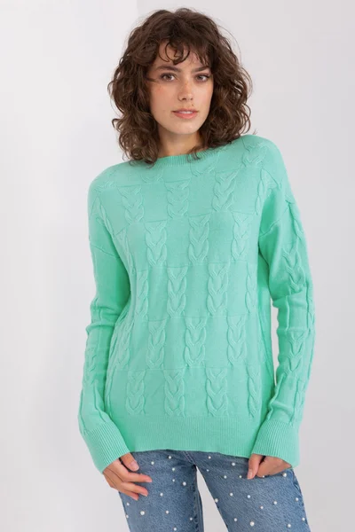 Kostkovaný mátový svetr s vlnou - Ležérní dámský kousek