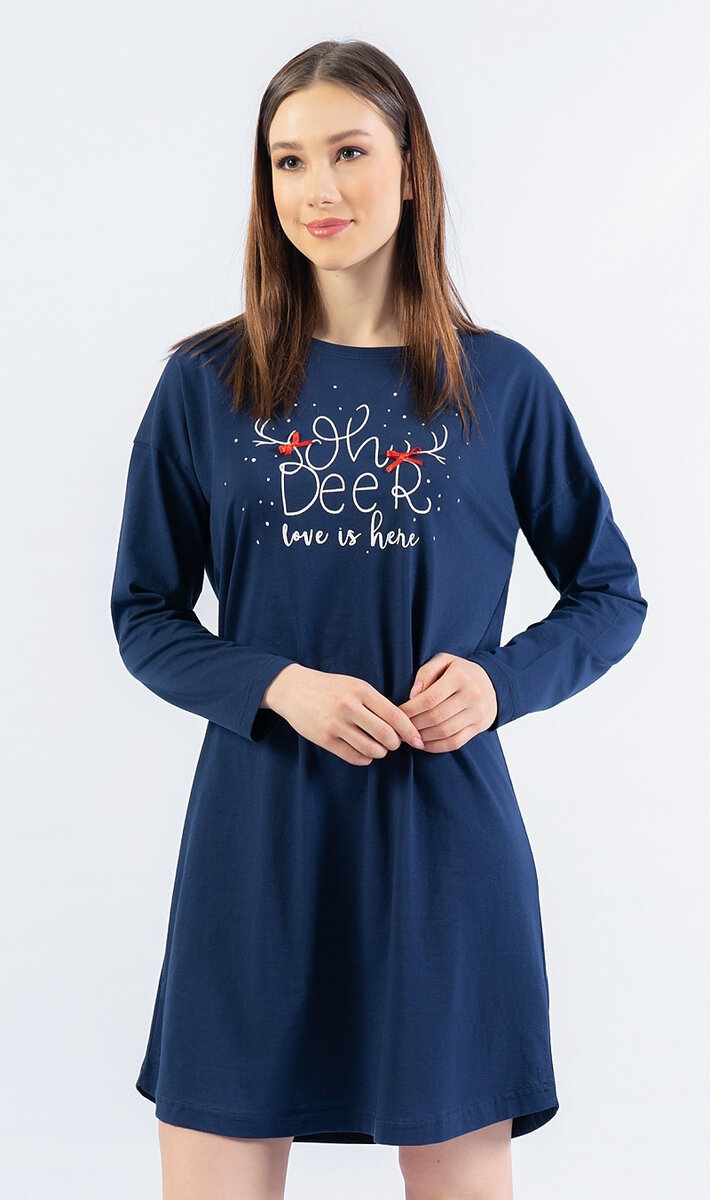Dámská noční košile s dlouhým rukávem Oh deer Vienetta, tmavě modrá XL i232_8278_55455957:tmavě modrá XL