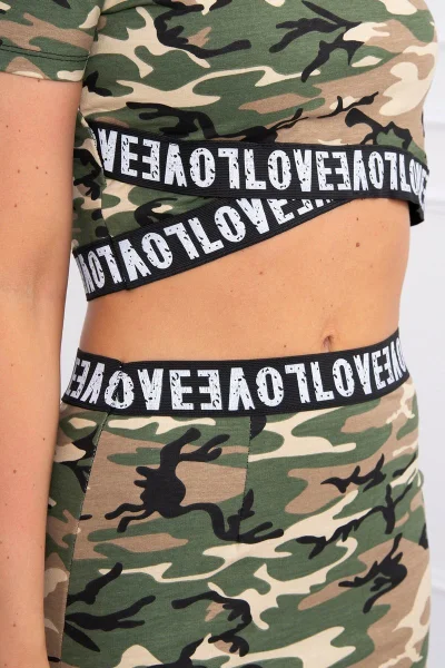 Khaki Béžová Souprava Halenky a Sukně s Potiskem Love K-Fashion