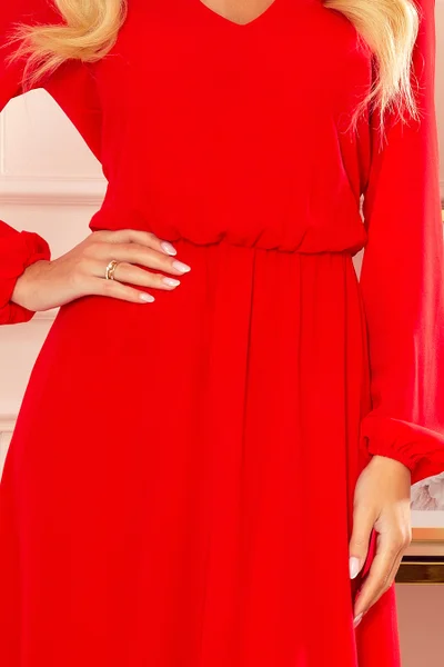 Červené dámské šifonové midi šaty s volánkem a dekoltem Z040W Numoco