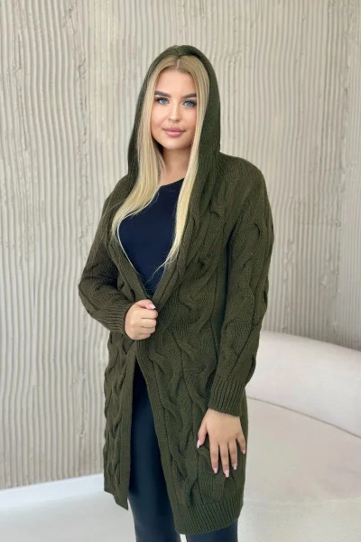 Dámský khaki kardigan s kapucí - K-Fashion