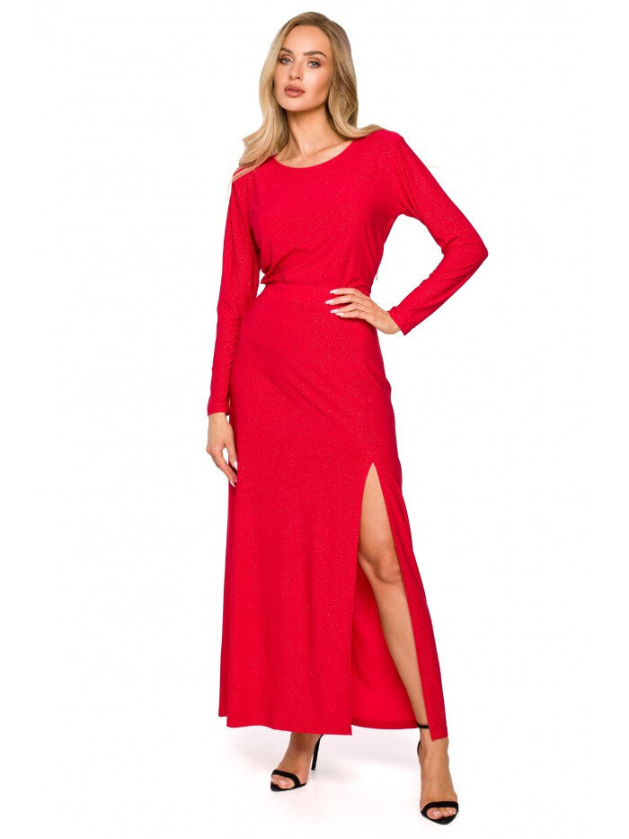 Dámské 0140GR Maxi šaty s dlouhými rukávy - červené Moe, EU S i529_2388121702289658013
