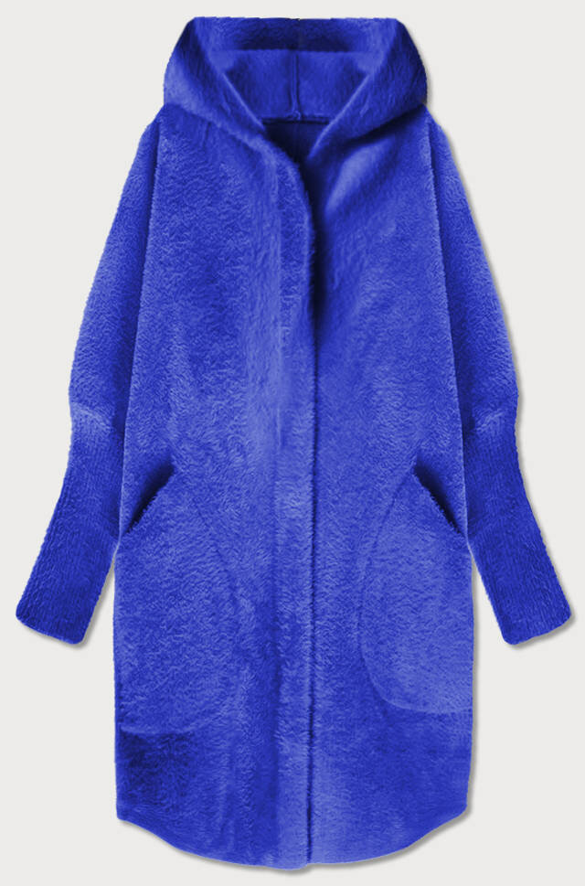 Dámský dlouhý vlněný přehoz přes oblečení typu alpaka v chrpové barvě s kapucí F8W MADE , odcienie niebieskiego ONE SIZE i392_19779-50