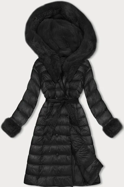 Černý péřový kabát s kožešinovou kapucí J.STYLE