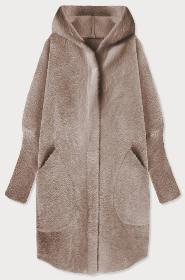 Dámský dlouhý vlněný přehoz přes oblečení typu alpaka ve velbloudí barvě s kapucí 8D0I M, odcienie beżu ONE SIZE i392_19784-50