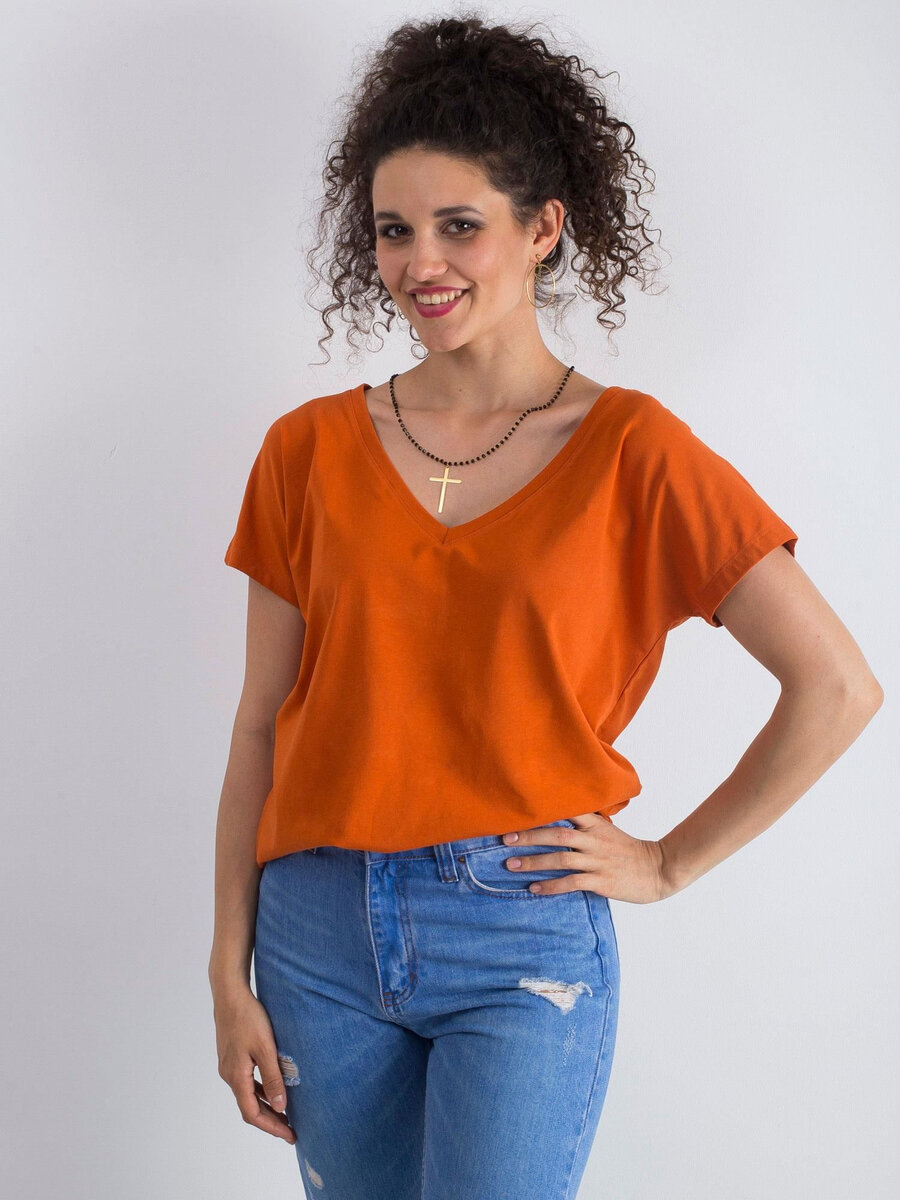Dámské tmavě oranžové bavlněné tričko s výstřihem do V FPrice, S i523_2016102116929
