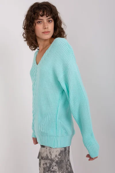 Lehký mátový dámský svetr s V výstřihem - BA-SW-8028