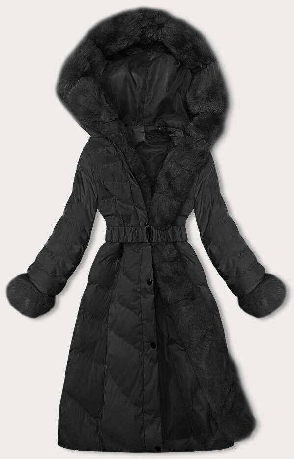 Zimní bunda s kožešinovým lemem a páskem od J.STYLE, odcienie czerni M (38) i392_22859-47