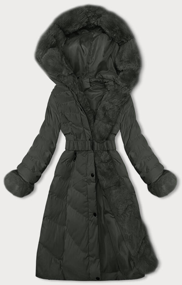 Zimní bunda s páskem a kožešinovými detaily J.STYLE, odcienie zieleni M (38) i392_22861-47