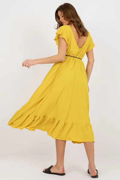 Tmavě žluté letní šaty s volánkem a krátkými rukávy FPrice