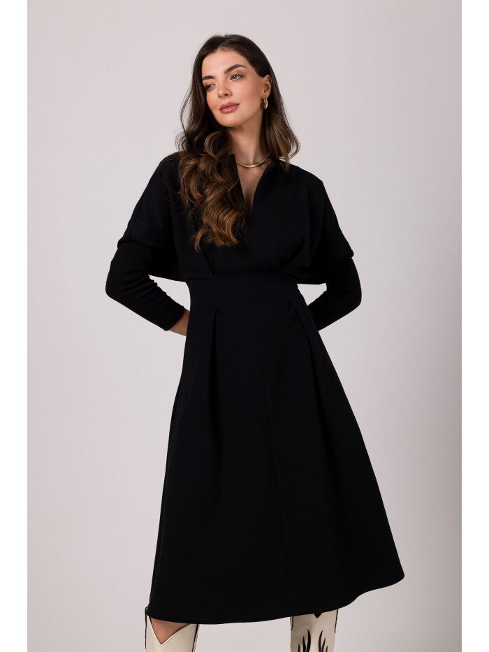 Černé šaty s podkasaným pasem - Elegantní Pletenina, EU S i529_8065944179521150200