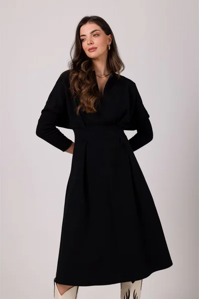 Černé šaty s podkasaným pasem - Elegantní Pletenina