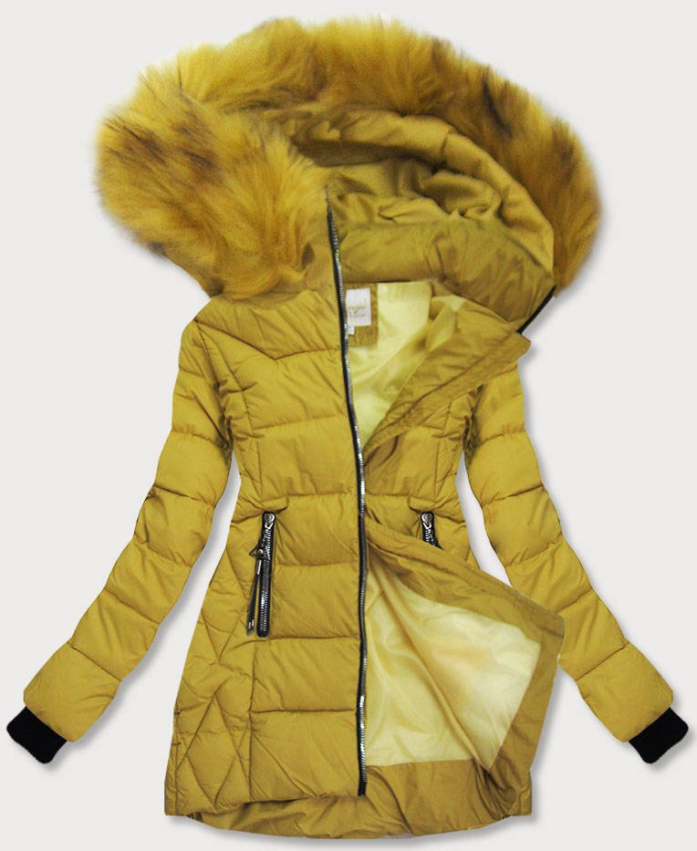Zimní bunda pro ženy s kapucí v hořčicové barvě, odcienie żółtego XL (42) i392_16374-53