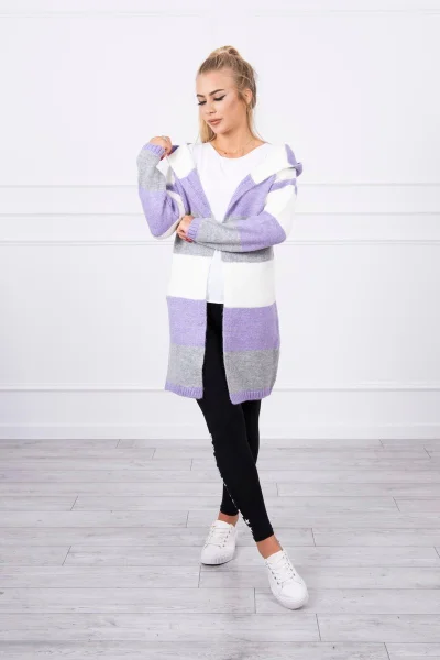 Dámský pruhovaný svetr s kapucí ecru/violet/grey K-Fashion