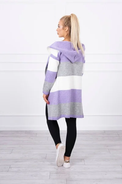 Dámský pruhovaný svetr s kapucí ecru/violet/grey K-Fashion