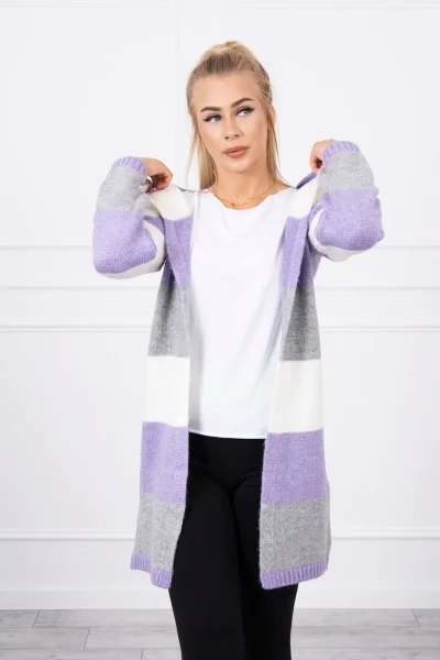 Dámský pruhovaný svetr s kapucí ecru/violet/grey K-Fashion