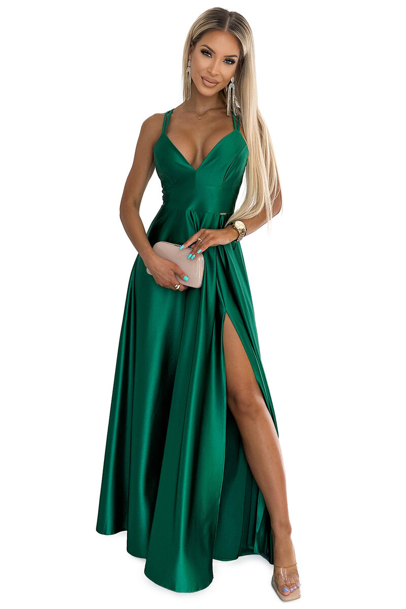 Zelené saténové maxi šaty Luna s výstřihem a rozparem, xs i646_2791365
