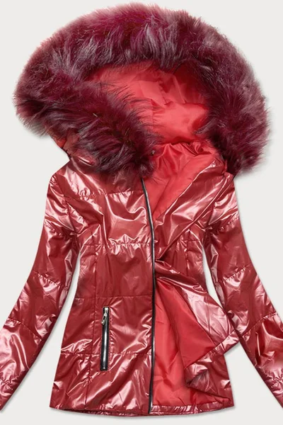 Metalická bunda na zimu s kožešinovou kapucí - Vínová