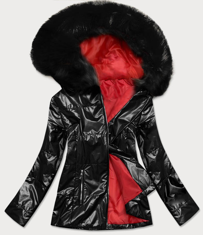 Metalická bunda na zimu s kožešinovou kapucí, odcienie czerni M (38) i392_17677-47