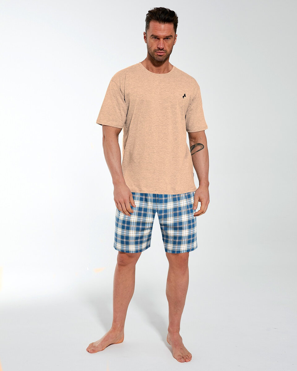Pánské bavlněné pyžamo Cornette Chris s kostkovanými šortky - béžová, Béžová XL i384_25523411