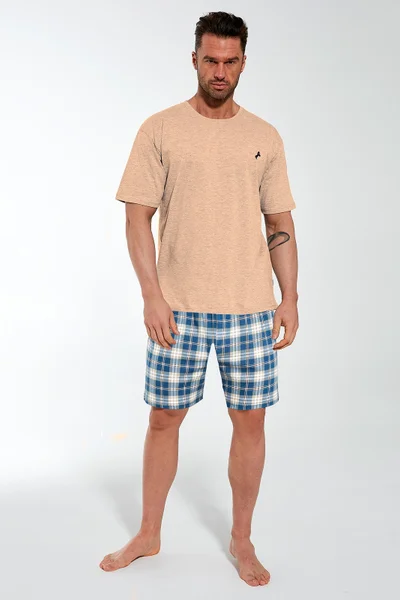 Pánské bavlněné pyžamo Cornette Chris s kostkovanými šortky - béžová