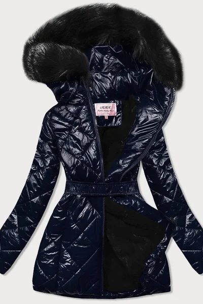 Zimní lesklá modrá bunda s kožíškem a kapucí od MHM
