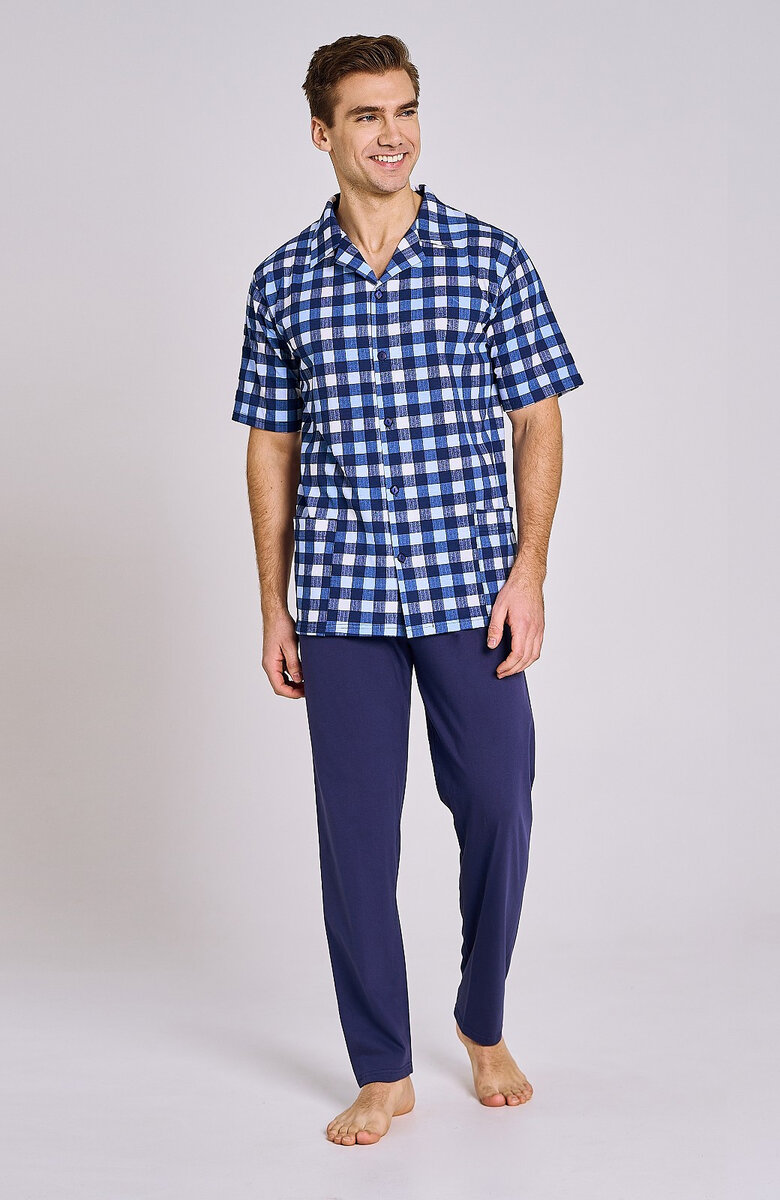Kostkované pyžamo pro muže s límečkem a zipem, modrá L i384_6676479