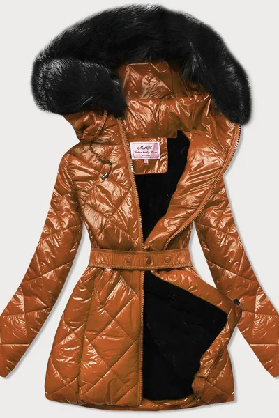 Karamelová bunda na zimu s kožíškem a kapucí MHM