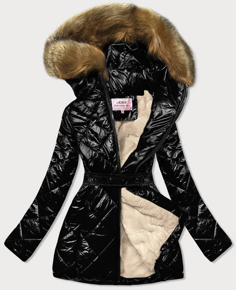 Zimní dámská lesklá bunda s kožíškem a kapucí MHM, odcienie brązu XXL (44) i392_17826-48