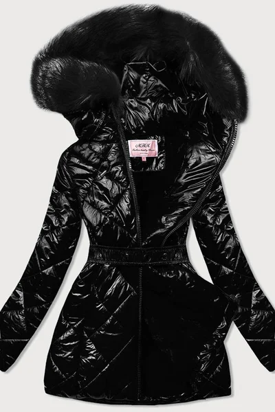 Černá bunda na zimu s mechovitým kožíškem a kožešinou MHM