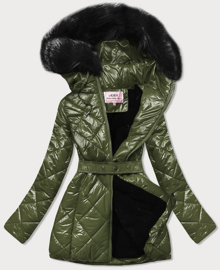 Zimní bunda pro ženy s kožíškem a kapucí v khaki barvě, odcienie zieleni S (36) i392_17828-46