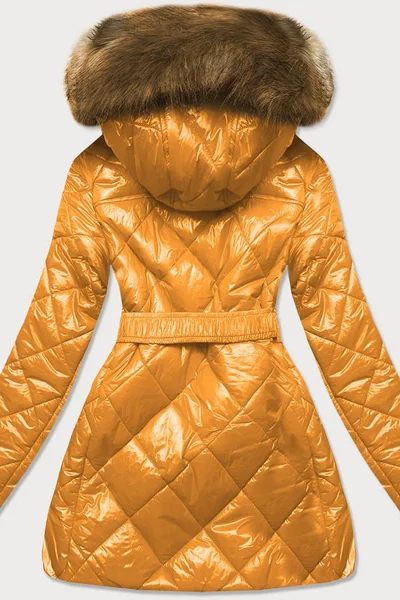 Zimní lesklá žlutá bunda s kožíškem a kapucí MHM