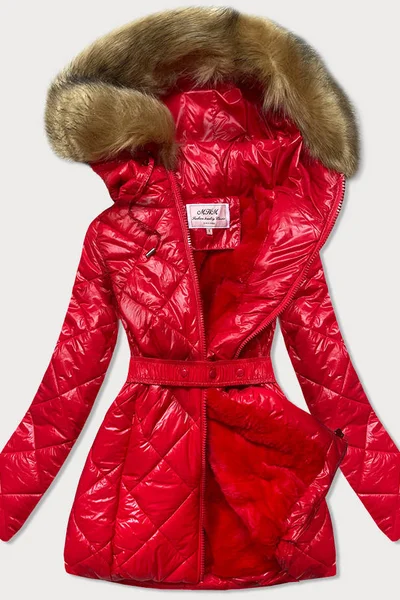 Červená bunda na zimu s kožíškem a kapucí od MHM
